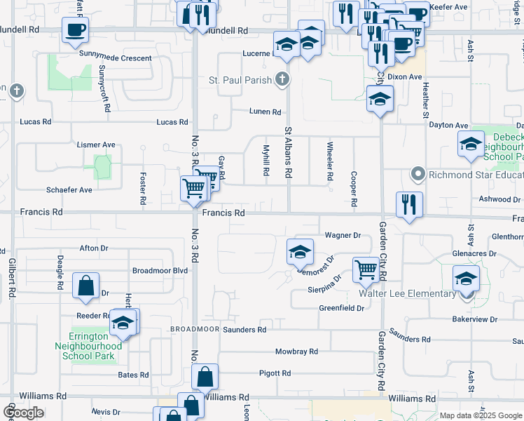 map of restaurants, bars, coffee shops, grocery stores, and more near 8271 Francis Road in Richmond