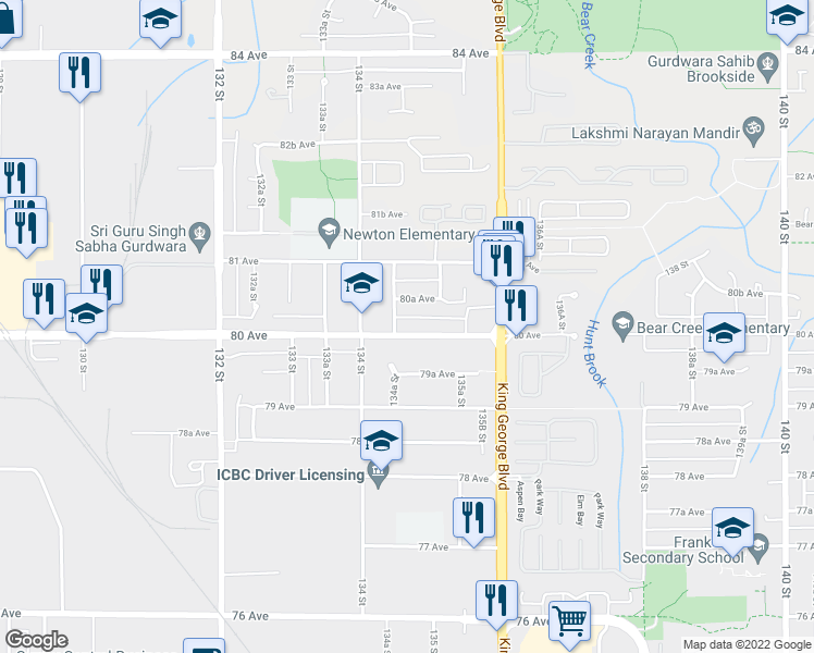 map of restaurants, bars, coffee shops, grocery stores, and more near 13469 80 Avenue in Surrey