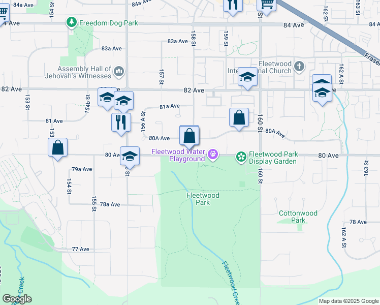 map of restaurants, bars, coffee shops, grocery stores, and more near 8007 158 Street in Surrey