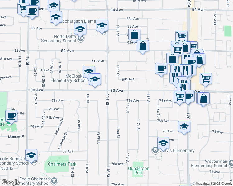 map of restaurants, bars, coffee shops, grocery stores, and more near 11646 80 Avenue in Delta