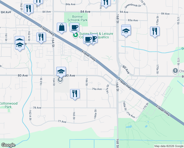 map of restaurants, bars, coffee shops, grocery stores, and more near in Surrey