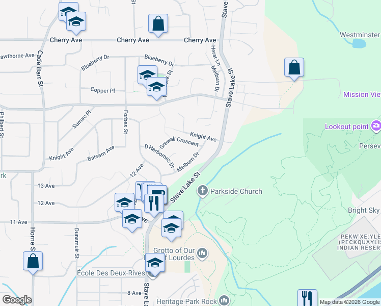 map of restaurants, bars, coffee shops, grocery stores, and more near 8017 Melburn Drive in Mission