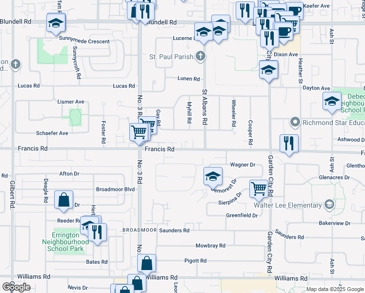map of restaurants, bars, coffee shops, grocery stores, and more near 8231 Francis Road in Richmond