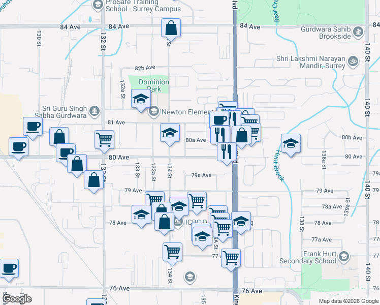map of restaurants, bars, coffee shops, grocery stores, and more near 13469 80 Avenue in Surrey