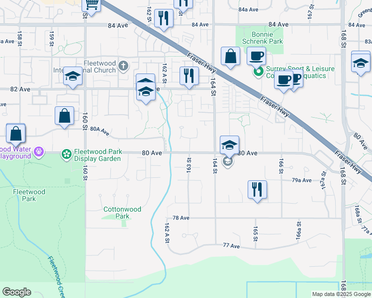 map of restaurants, bars, coffee shops, grocery stores, and more near 8011 163 Street in Surrey