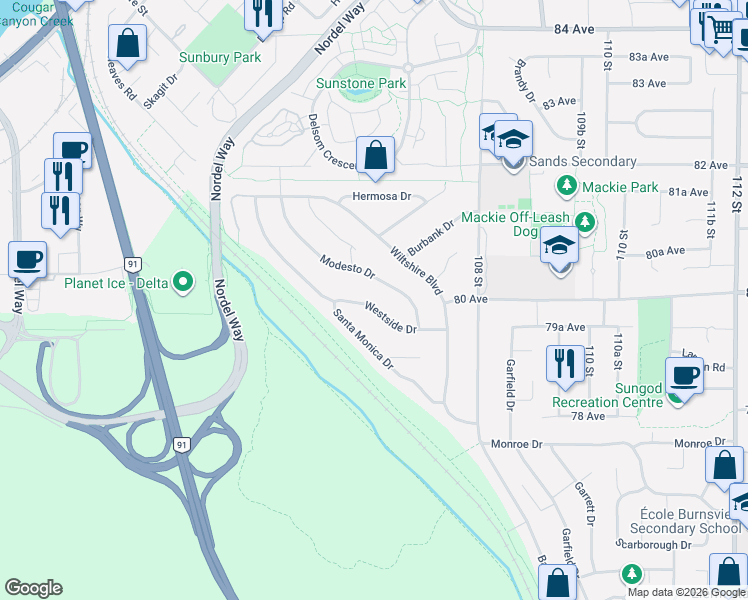 map of restaurants, bars, coffee shops, grocery stores, and more near 10641 Westside Drive in Delta