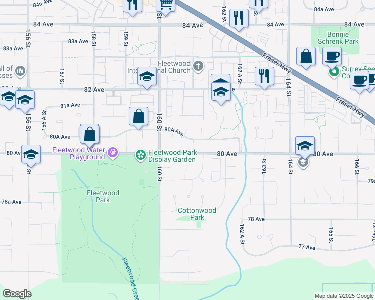 map of restaurants, bars, coffee shops, grocery stores, and more near 16089 80 Avenue in Surrey