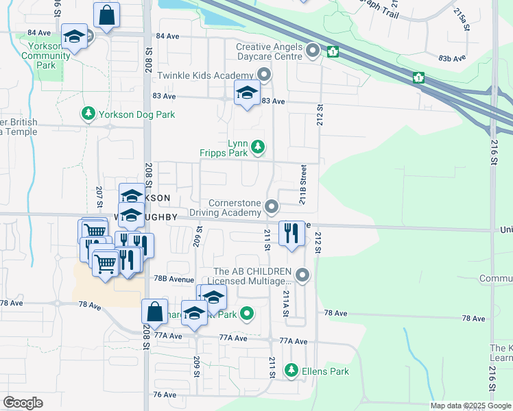 map of restaurants, bars, coffee shops, grocery stores, and more near 21066 80A Avenue in Langley Township