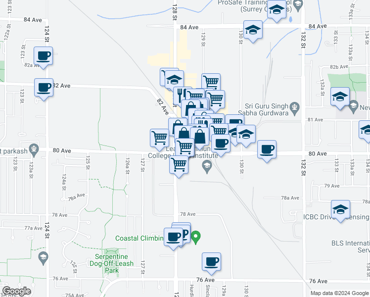 map of restaurants, bars, coffee shops, grocery stores, and more near 8028 128 Street in Surrey