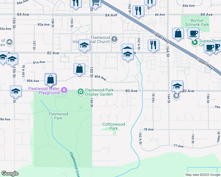 map of restaurants, bars, coffee shops, grocery stores, and more near 16095 80 Avenue in Surrey