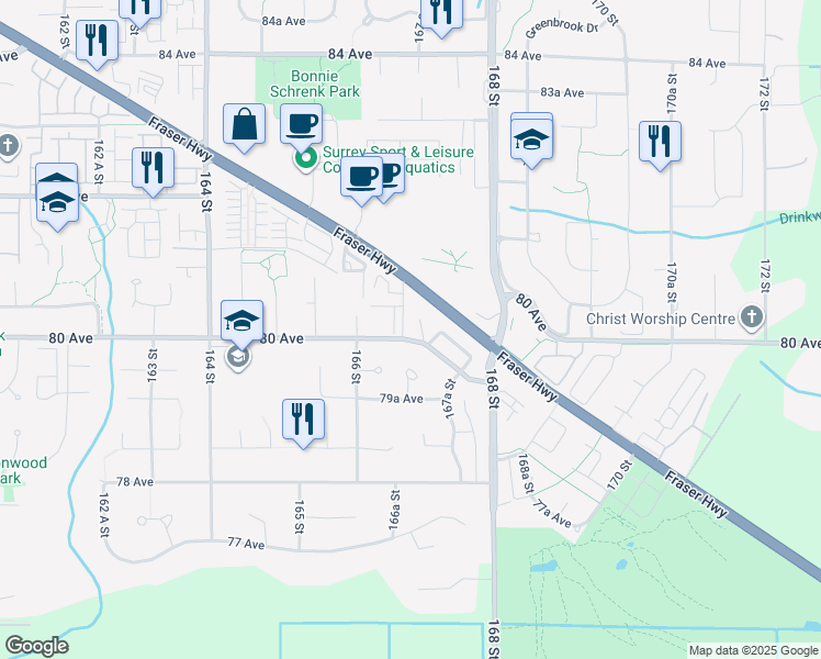 map of restaurants, bars, coffee shops, grocery stores, and more near 16685 80 Avenue in Surrey