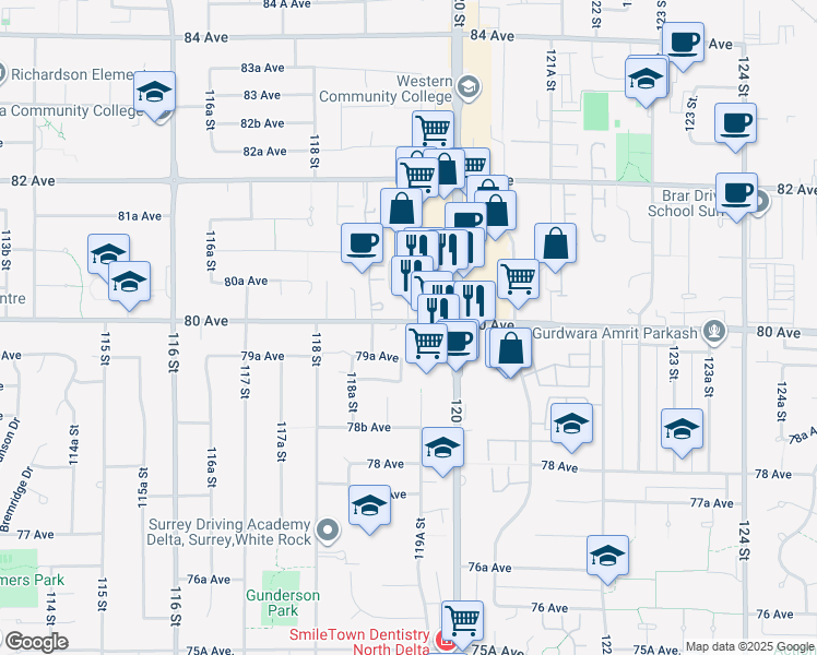 map of restaurants, bars, coffee shops, grocery stores, and more near 11906 80 Avenue in Delta