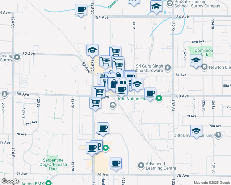 map of restaurants, bars, coffee shops, grocery stores, and more near 12885 80 Avenue in Surrey