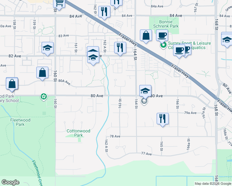 map of restaurants, bars, coffee shops, grocery stores, and more near 16291 80 Avenue in Surrey