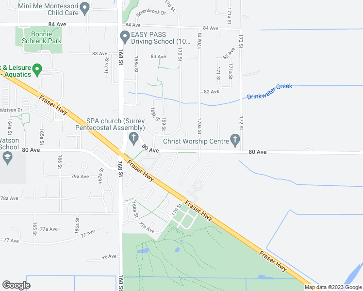 map of restaurants, bars, coffee shops, grocery stores, and more near 16969 80 Avenue in Surrey