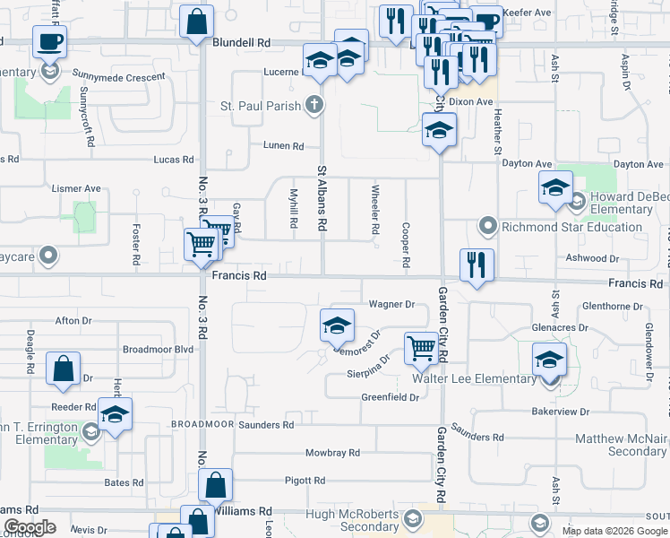 map of restaurants, bars, coffee shops, grocery stores, and more near 8451 Francis Road in Richmond
