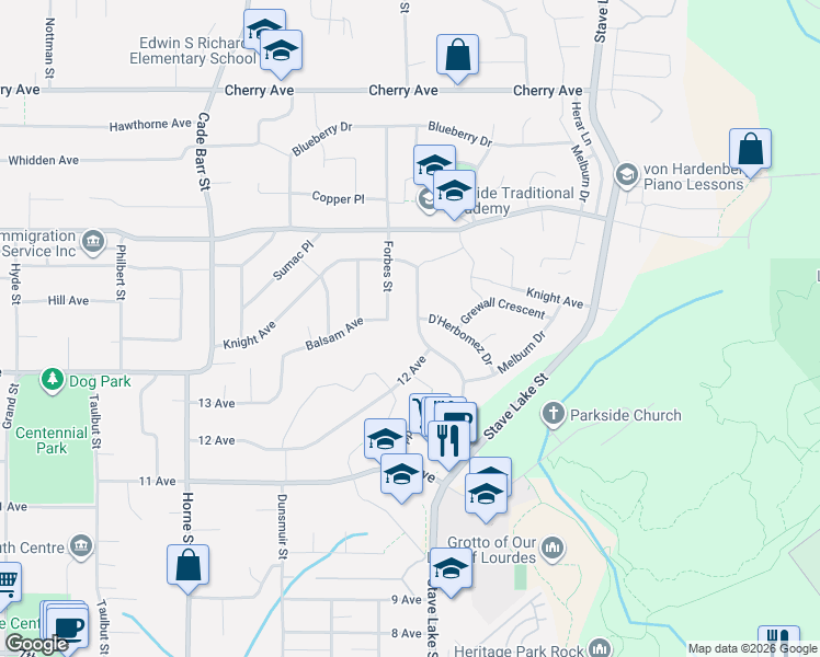 map of restaurants, bars, coffee shops, grocery stores, and more near 8061 Topper Drive in Mission