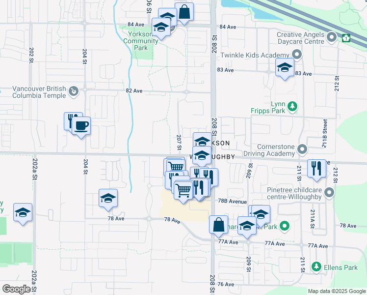 map of restaurants, bars, coffee shops, grocery stores, and more near in Langley Township