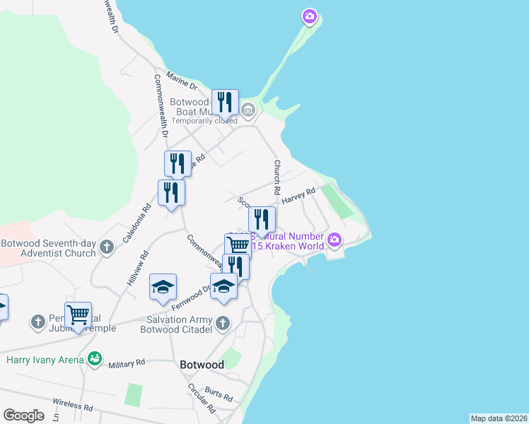 map of restaurants, bars, coffee shops, grocery stores, and more near 1 Guide Road in Botwood