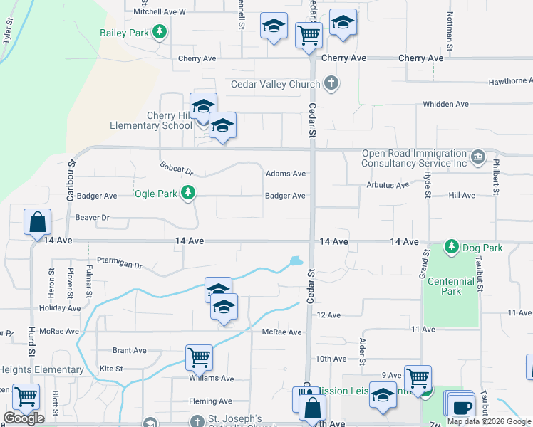 map of restaurants, bars, coffee shops, grocery stores, and more near 32711 Antelope Avenue in Mission