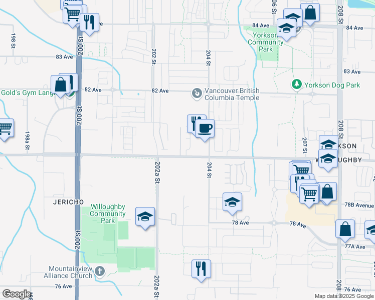 map of restaurants, bars, coffee shops, grocery stores, and more near 20329 80 Avenue in Langley Township