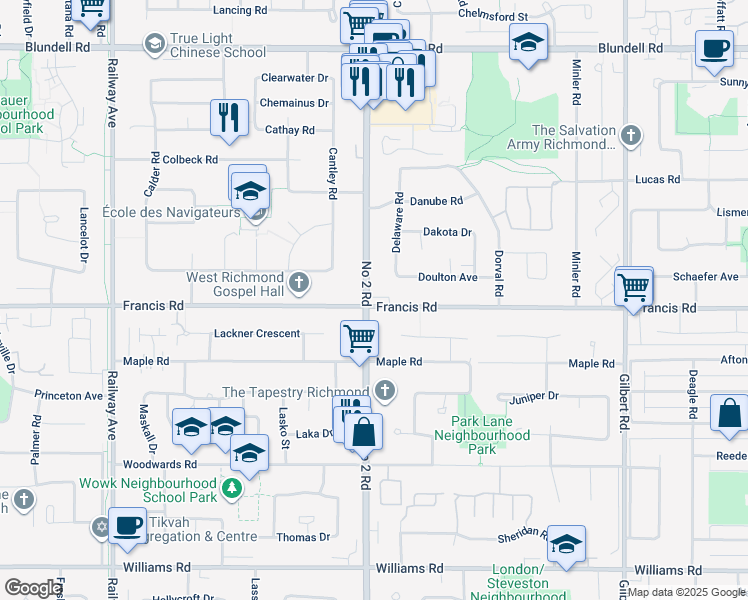 map of restaurants, bars, coffee shops, grocery stores, and more near 6031 Francis Road in Richmond