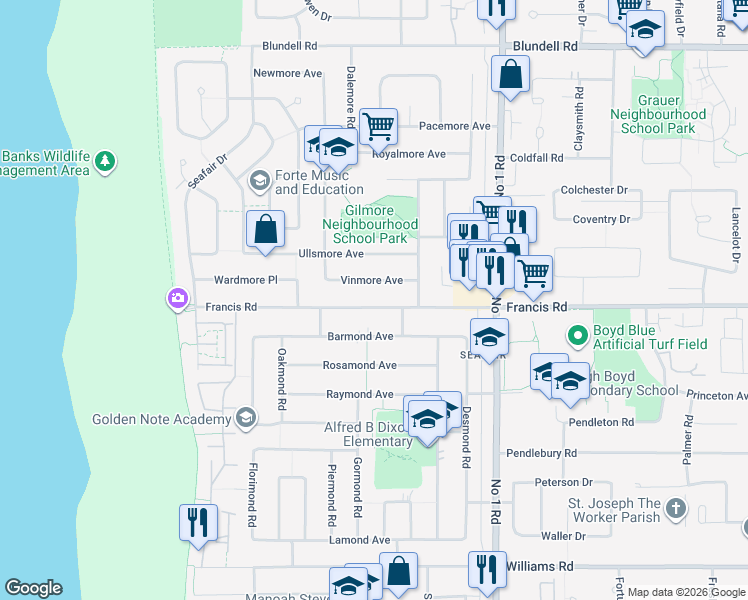 map of restaurants, bars, coffee shops, grocery stores, and more near 3651 Francis Road in Richmond