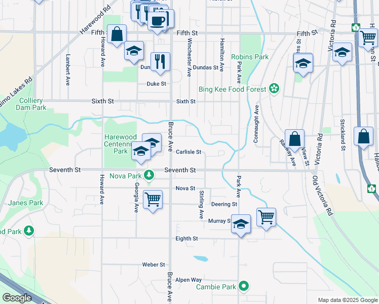 map of restaurants, bars, coffee shops, grocery stores, and more near Carlisle Street in Nanaimo