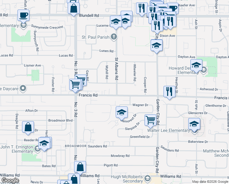 map of restaurants, bars, coffee shops, grocery stores, and more near 8991 Saint Albans Road in Richmond