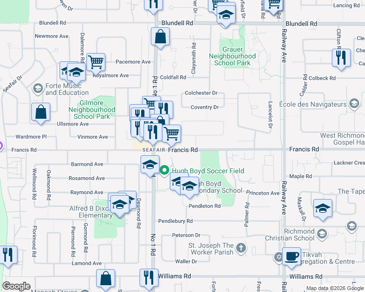 map of restaurants, bars, coffee shops, grocery stores, and more near 4211 Francis Road in Richmond