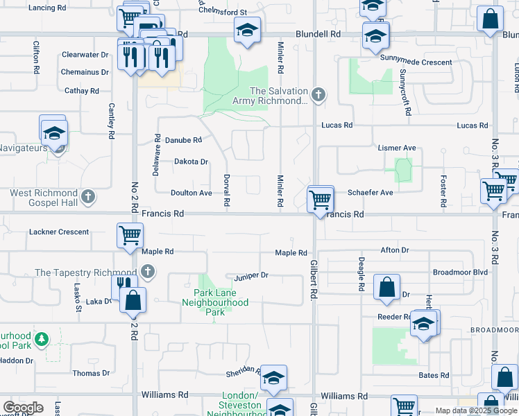 map of restaurants, bars, coffee shops, grocery stores, and more near 6611 Francis Road in Richmond