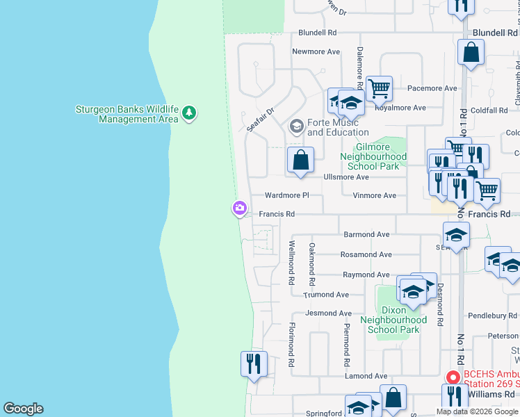 map of restaurants, bars, coffee shops, grocery stores, and more near 3131 Francis Road in Richmond