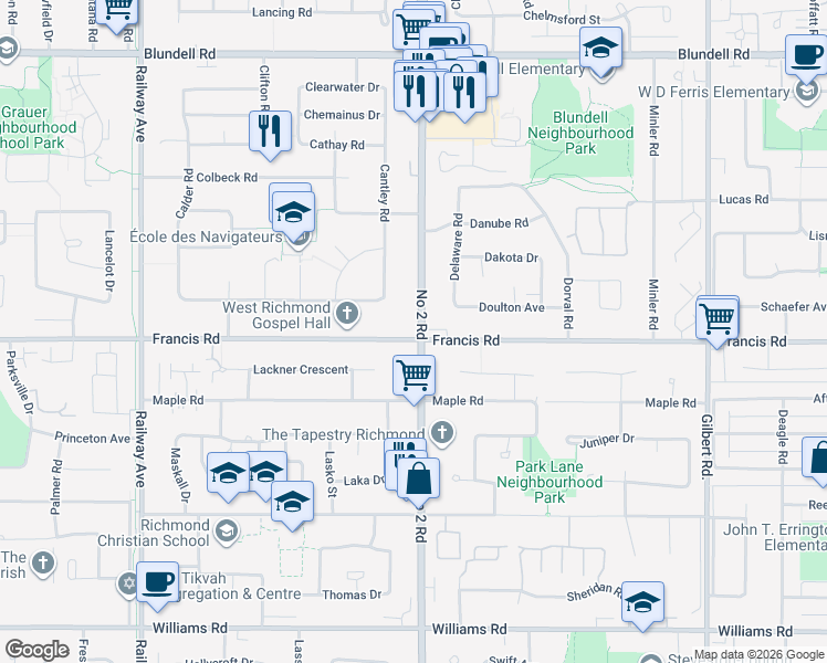 map of restaurants, bars, coffee shops, grocery stores, and more near 8771 Number 2 Road in Richmond