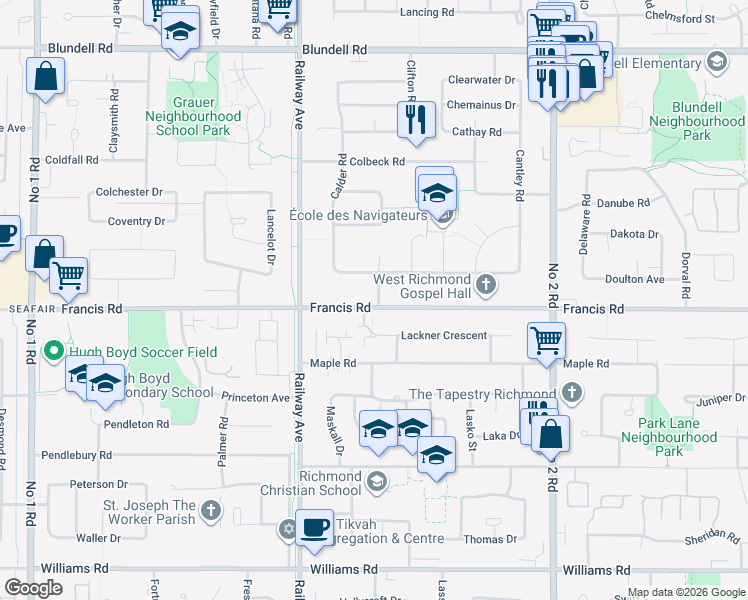 map of restaurants, bars, coffee shops, grocery stores, and more near in Richmond