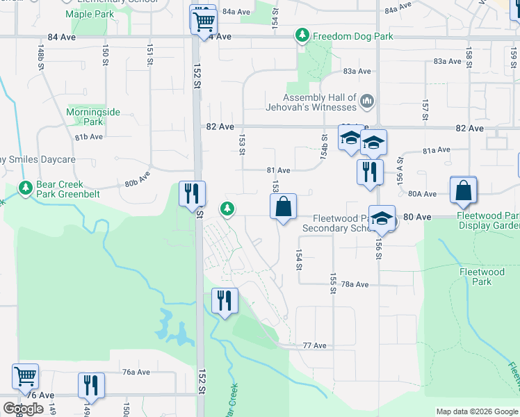 map of restaurants, bars, coffee shops, grocery stores, and more near 15341 80 Avenue in Surrey