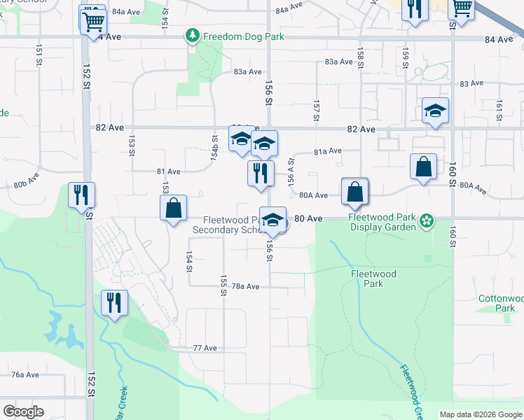 map of restaurants, bars, coffee shops, grocery stores, and more near 15595 80 Avenue in Surrey
