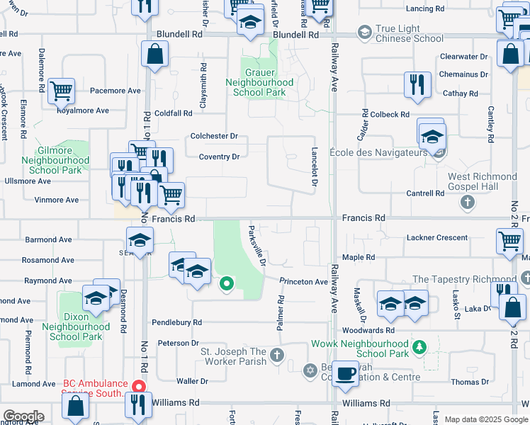 map of restaurants, bars, coffee shops, grocery stores, and more near 4684 Lancelot Court in Richmond