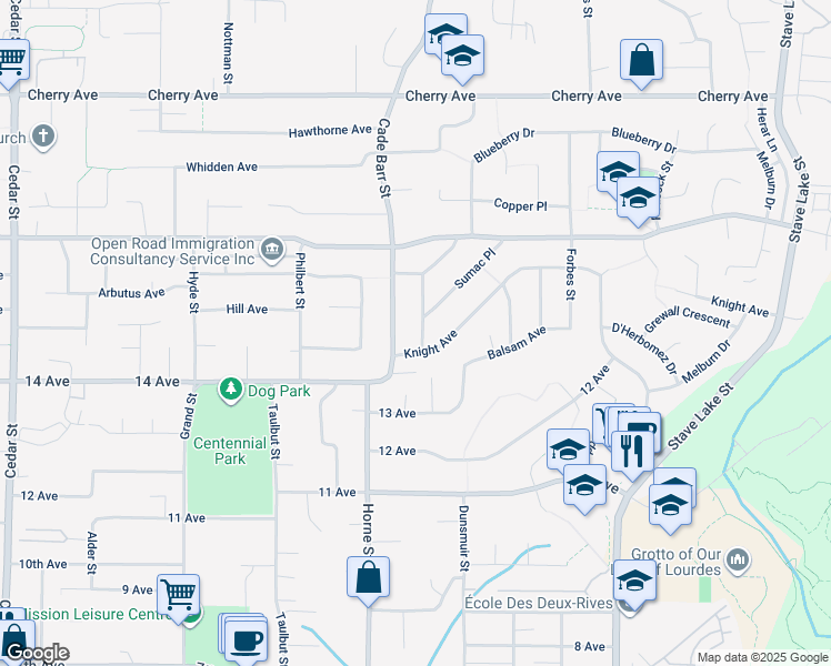 map of restaurants, bars, coffee shops, grocery stores, and more near 8067 Waxberry Crescent in Mission