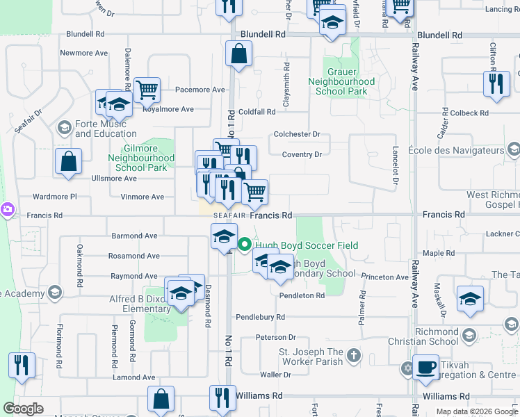 map of restaurants, bars, coffee shops, grocery stores, and more near 4111 Francis Road in Richmond