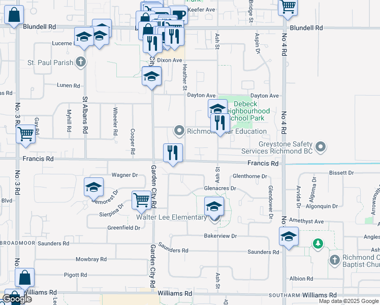 map of restaurants, bars, coffee shops, grocery stores, and more near 8980 Heather Street in Richmond