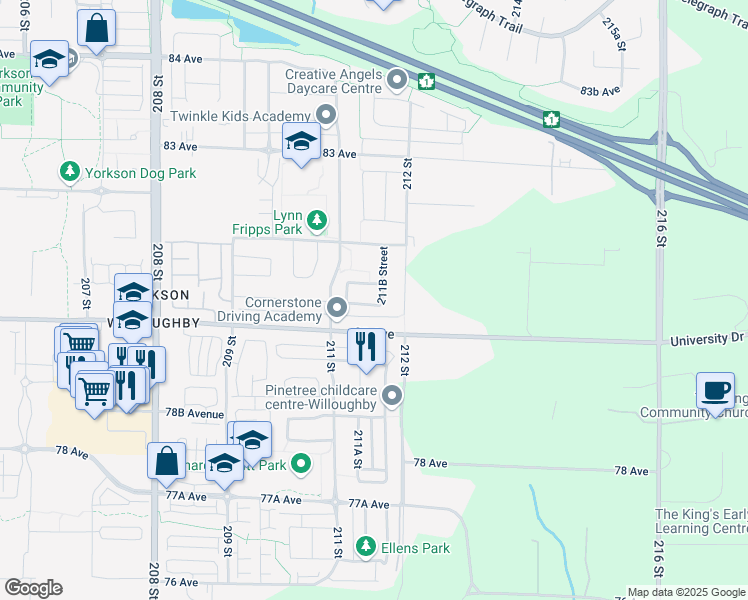 map of restaurants, bars, coffee shops, grocery stores, and more near 21161 80A Avenue in Langley Township