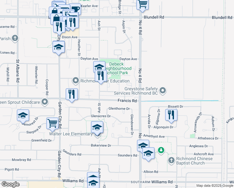 map of restaurants, bars, coffee shops, grocery stores, and more near 9666 Ashwood Drive in Richmond