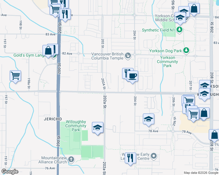 map of restaurants, bars, coffee shops, grocery stores, and more near 20246 81 Avenue in Langley Township