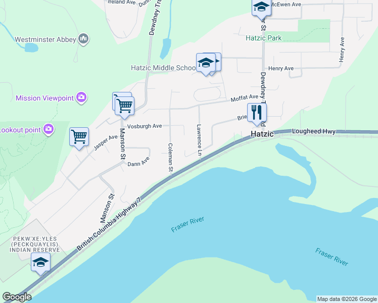 map of restaurants, bars, coffee shops, grocery stores, and more near 34783 Brealey Court in Mission