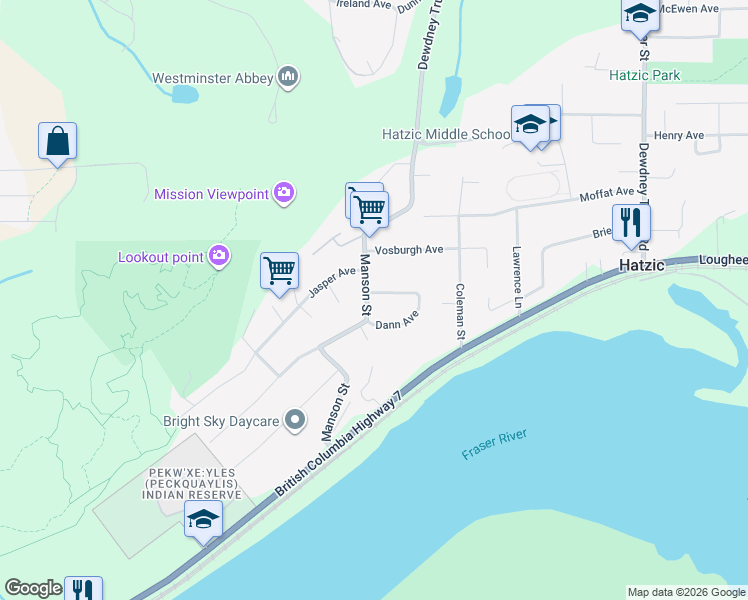 map of restaurants, bars, coffee shops, grocery stores, and more near 8068 Manson Street in Mission