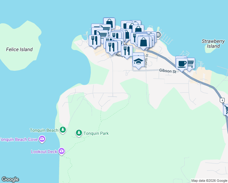 map of restaurants, bars, coffee shops, grocery stores, and more near 290 First Street in Tofino
