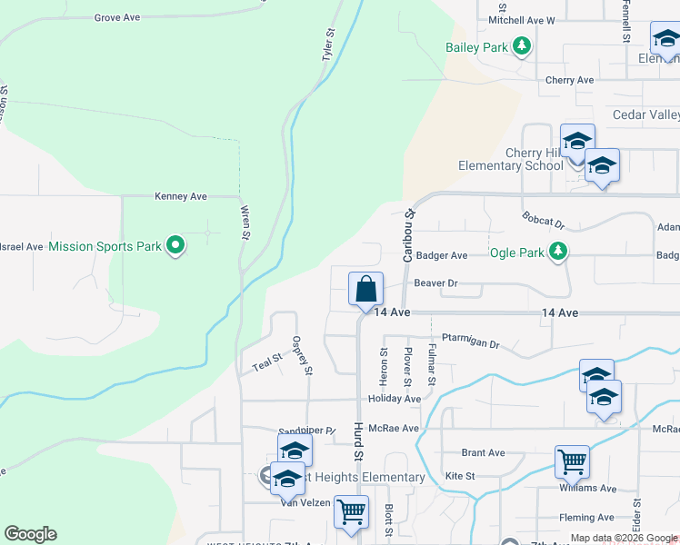 map of restaurants, bars, coffee shops, grocery stores, and more near 32180 Buffalo Drive in Mission