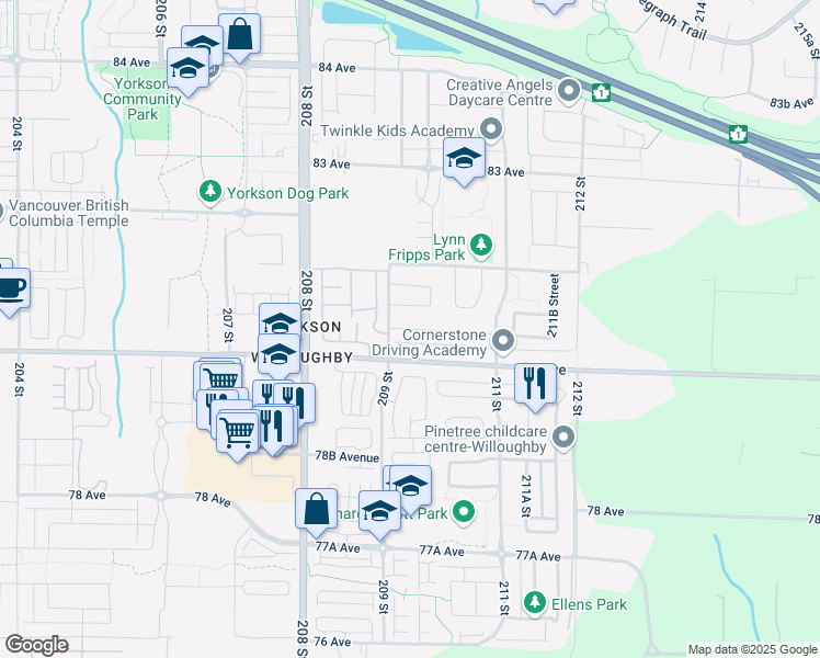 map of restaurants, bars, coffee shops, grocery stores, and more near 20985 80A Avenue in Langley
