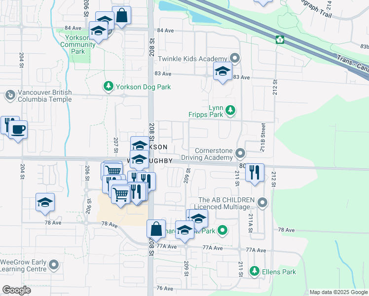 map of restaurants, bars, coffee shops, grocery stores, and more near 8089 209 Street in Langley