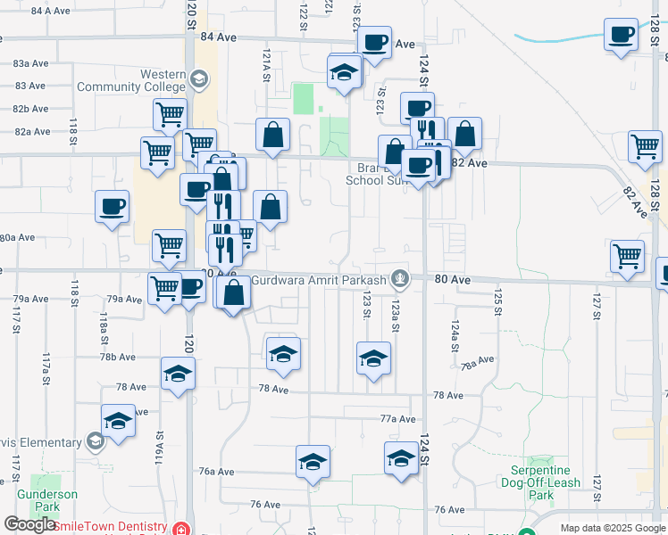 map of restaurants, bars, coffee shops, grocery stores, and more near 12248 80A Avenue in Surrey